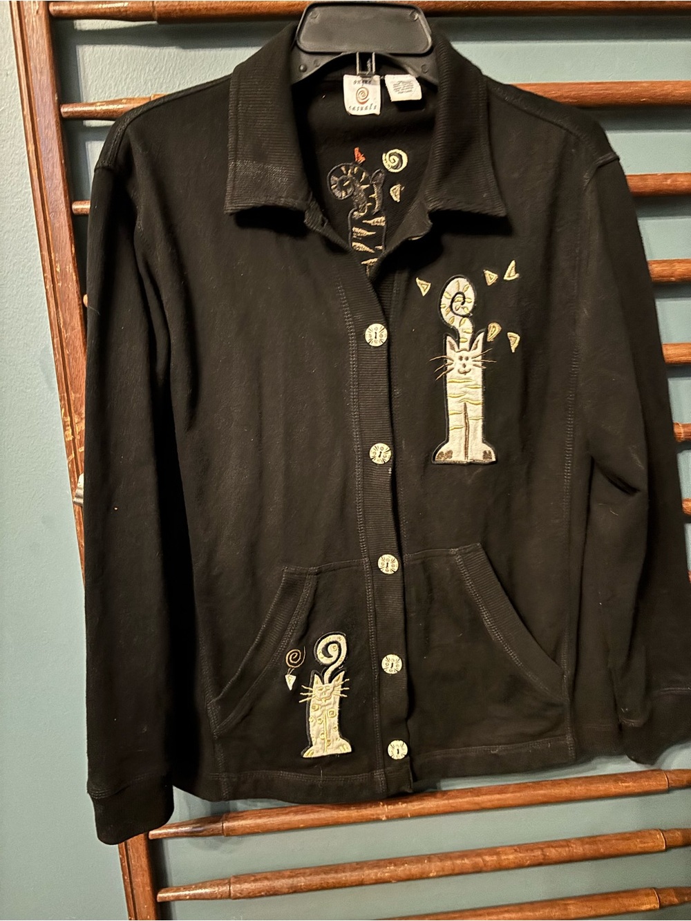 Onque Casuals Whimsical Embroidered Cat Button Up Jacket Cardigan 100% Cotton